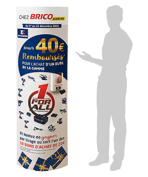 totem elliptique en carton pour jeu-concours en magasin de bricolage