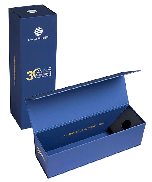 étui bouteille personnalisé, coffret aimanté luxe pour vin ou champagne, coffret cadeau d'entreprise