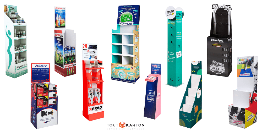 PLV display carton de sol de type box palette, présentoir étagères, broches et escalier