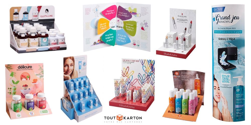 plv cosmétique sur mesure en carton sous forme de présentoir display, totem et chevalet