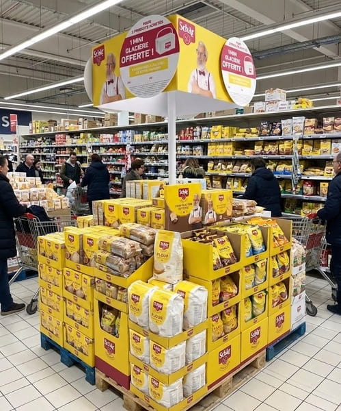 PLV carrousel sur mat en carton sur mesure pour grande distribution alimentaire