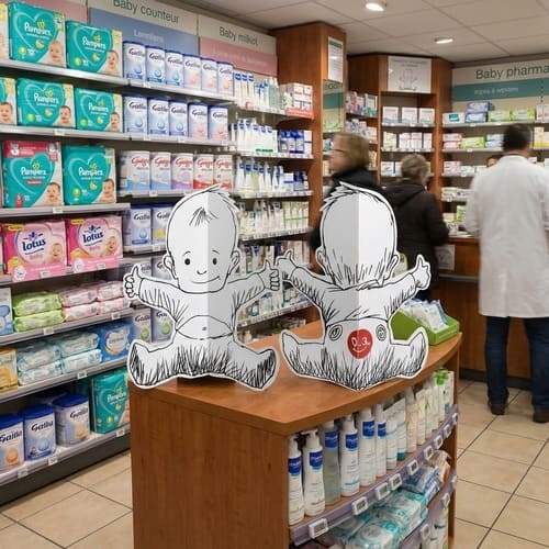 plv chevalet silhouette produits bébé pharmacie