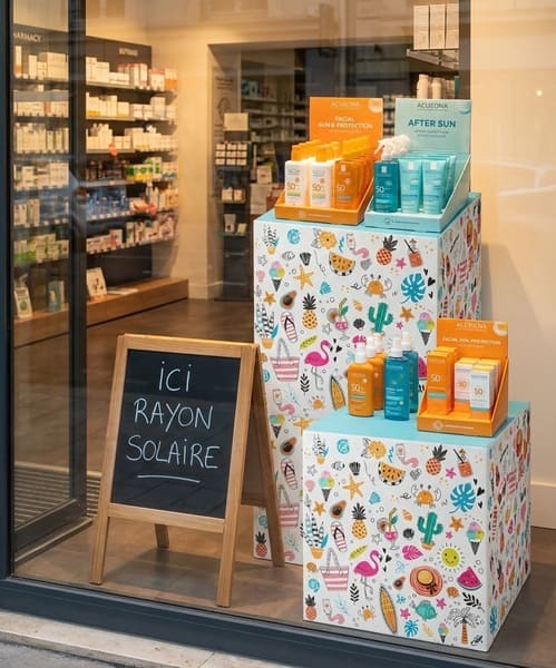 plv podium théâtralisation vitrine pharmacie