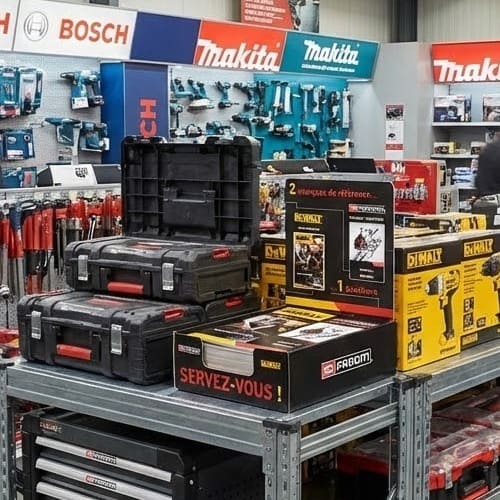 plv présentoir brochures magasin outillage professionnel