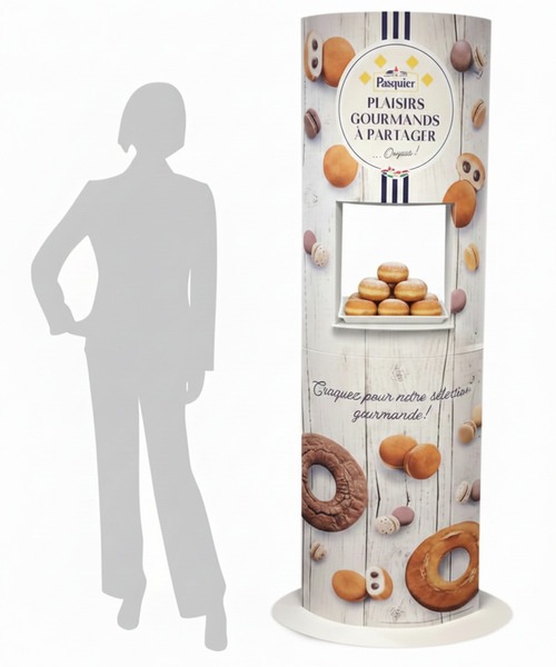 plv totem elliptique avec présentoir dégustation pâtisserie