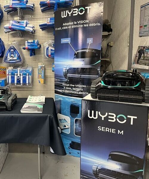 plv podium cube distributeur robot piscine